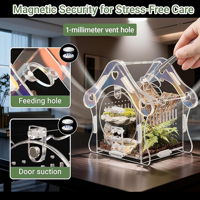 Jumping Spider Enclosure Kit, Acrylic Habitat with Magnetic Door, 3.5" L x 3.5" W x 4.9" H, for Jumping Spiders, Tarantulas, Mantis, Beetles
