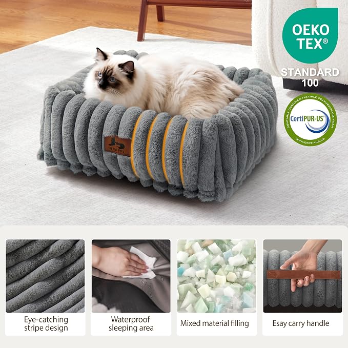 Cute Dog Bed for Small Dogs & Cats,Washable Fluffy Cat Beds for Indoor Cats, Rectangle Orthopedic Memory Foam Puppy Beds with Anti-Slip Bottom, 20 x19 x 7 Inches, Grey(20x19x6inchs)