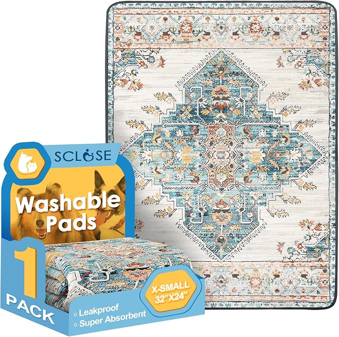 SCLOSE Washable Pee Pad for Dogs, 32" x 24" Reusable Puppy Pads Waterproof Dog Rugs, Super Absorbent, Leakproof, Dog Crate Pad, Playpen Mat, Whelping Pads, Blue Medallion
