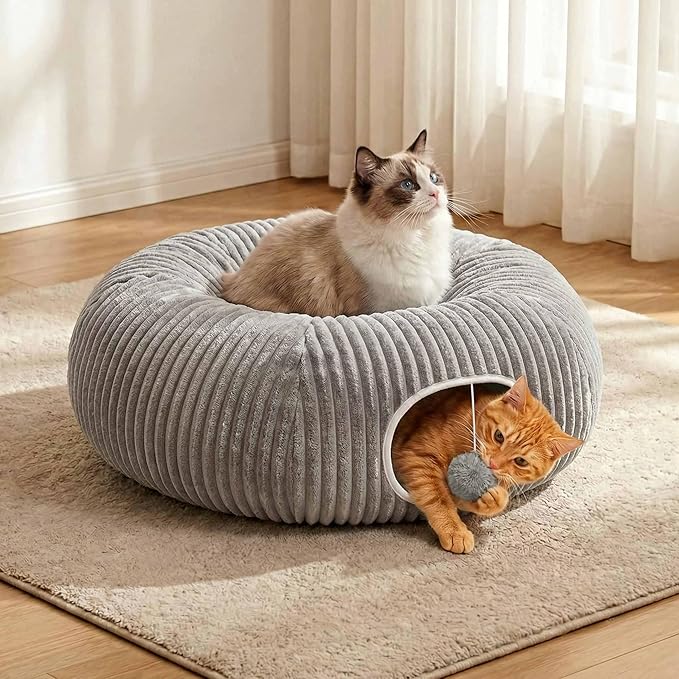 Cat Tunnel Bed for Indoor Cats, Peekaboo Cat Cave Bed,Soft Cat Donut Tunnel for Kitten Large Cats, Grey