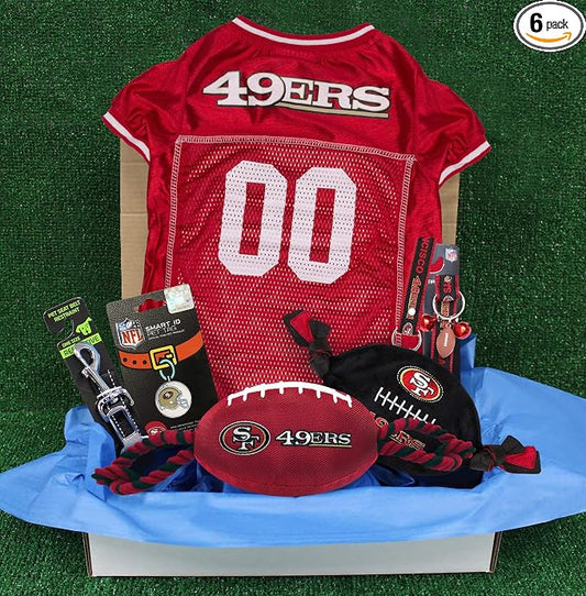 NFL San Francisco 49Ers PET GIFT BOX with 2 Licensed DOG TOYS, 1 Logo-engraved NATURAL DOG TREAT, 1 NFL JERSEY, 1 NFL Puppy Training Bells & 1 Car Seatbelt