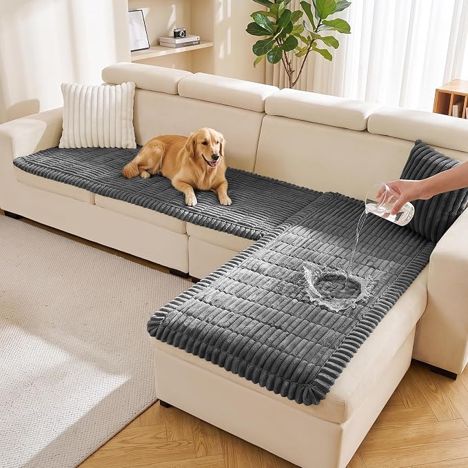 FUANGUI 2 Pack Waterproof Couch Cover for Dogs Pets Sofa Protector | Non-Slip Washable Fuzzy Soft Sofa Slipcover for 2 PCS L Shaped Sofa Pet Friendly, 27.6" x 59.1"+27.6" x 70.9", Dark Grey