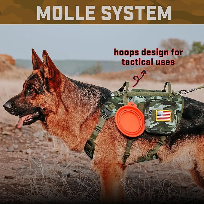 Forestpaw Tactical Dog Harness Tactical Dog Collar with Bungee Leash Set,No Pull Military Dog Harness for Walking Training,Adjustable for Medium Dogs,Camouflage Green,Chest 22-35"