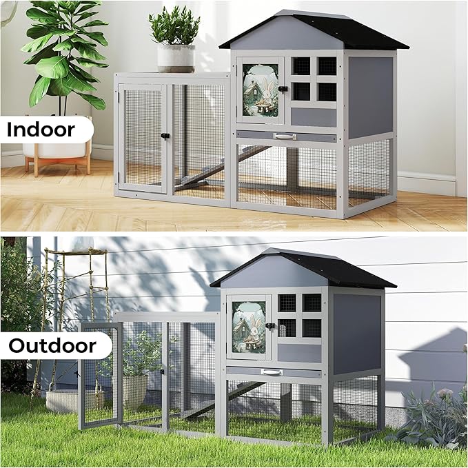 48" L Large Rabbit Hutch Outdoor Indoor, Expandable 2-Story Wooden Bunny Cage with Run, Removale Tray, 3 Entrances, Grey + Colorful Pattern