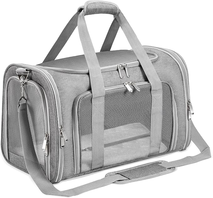 Soft-Sided Cat/Dog/Pet Carrier, Collapsible Pets Travel Carriers for Big Cats/Small Dogs with Shoulder Strap & Removable Mat, Mesh Puppy Carry Bag, Up to 16 Lbs, TSA Airline Approved(Gray)