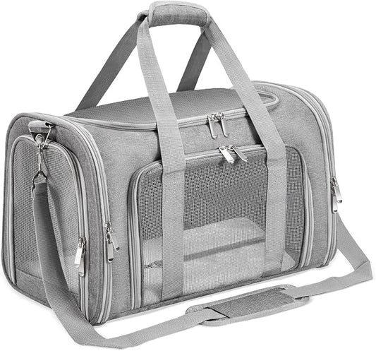 Soft-Sided Cat/Dog/Pet Carrier, Collapsible Pets Travel Carriers for Big Cats/Small Dogs with Shoulder Strap & Removable Mat, Mesh Puppy Carry Bag, Up to 16 Lbs, TSA Airline Approved(Gray)