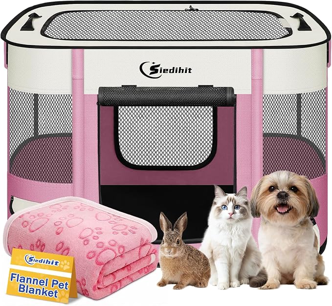 Siedihit Dog Playpen, Cat Pet Puppy Crate, Portable Playpens Indoor Outdoor (Pink with Blanket, Small)