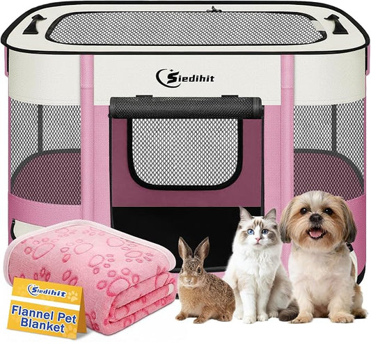 Siedihit Dog Playpen, Cat Pet Puppy Crate, Portable Playpens Indoor Outdoor (Pink with Blanket, Small)