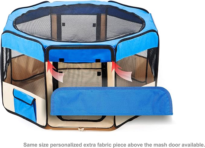 Pawer 36”×18.5” 8-Panel Foldable Pet Playpen, for Small Medium Cat/Dog/Puppy, Blue+Beige, 600D Oxford Cloth Portable Indoor & Outdoor Kennel with Carry Bag, Multiple Sizes & Colors Available
