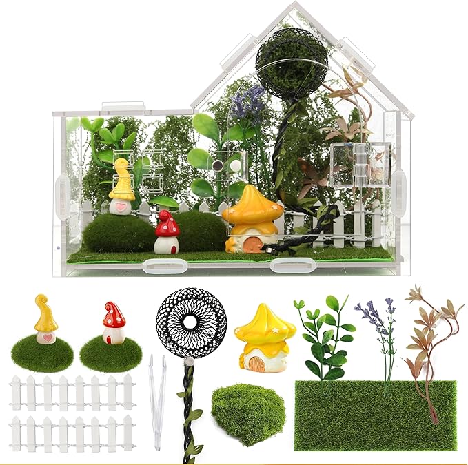 Jumping Spider Enclosure, Acrylic Cabin Terrarium with Sloped Roof & Magnetic Front Door, for Arboreal Pets, Mantis, Small Reptile Habitat (Green, L 7.9",W 3.9",H 5.9")