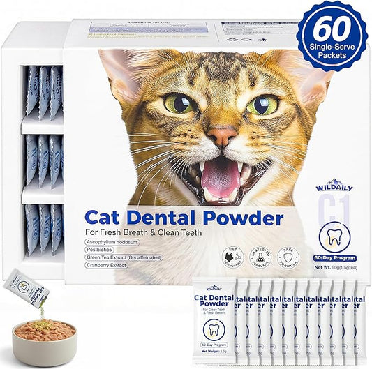 Cat Dental Powder - Freshens Breath, Removes Plaque & Tartar, Prevents Gum Disease - All-Natural Ingredients, No Artificial Additives(1.5g* 60 Pcs)