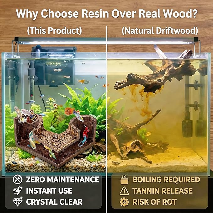 Aquarium Cave - Natural Resin Wood-Like Fish Tank Decorations & Accessories, 5.1" x 2" x 2.7" Safe Betta Hide & Tunnel for Guppy, Neon Tetra, Corydoras Catfish - Stackable Corner Ornament