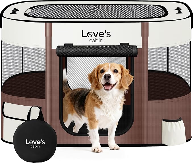 Love's cabin Pet Puppy Dog Playpen, Large Dog Tent Crates Cage Indoor/Outdoor, Portable Exercise Playpen for Cat, Foldable Pop Up Dog Kennel Playpen with Carring Case (L, Brown)