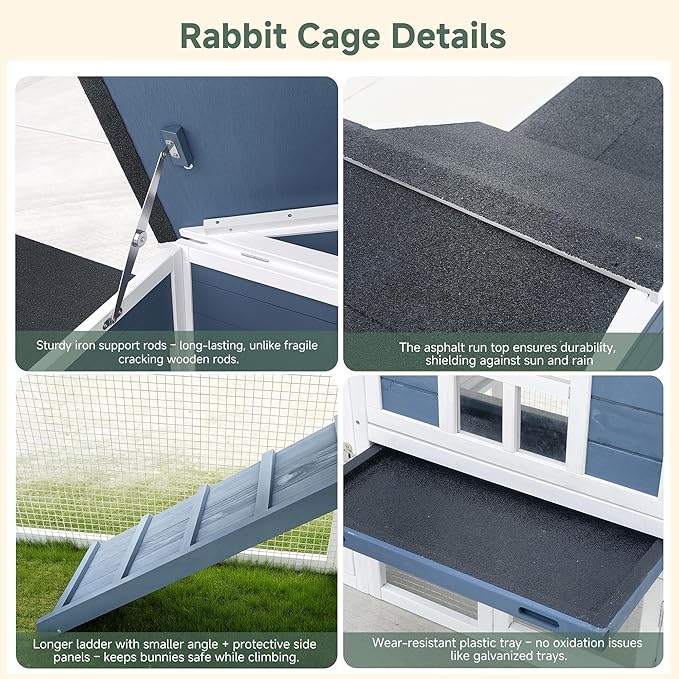 Large Outdoor Rabbit Hutch with Waterproof Asphalt Roof, 54.7” x 24.2” x 34” Wooden Bunny Cage for 2 Rabbits, Guinea Pigs & Chickens, Easy-Clean Pull-Out Tray & Anti-Rust Metal Door