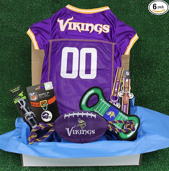 Minnesota Vikings PET GIFT BOX with 2 Licensed DOG TOYS, 1 Logo-engraved NATURAL DOG TREAT, 1 NFL JERSEY, 1 Puppy Training Bells & 1 Car Seatbelt