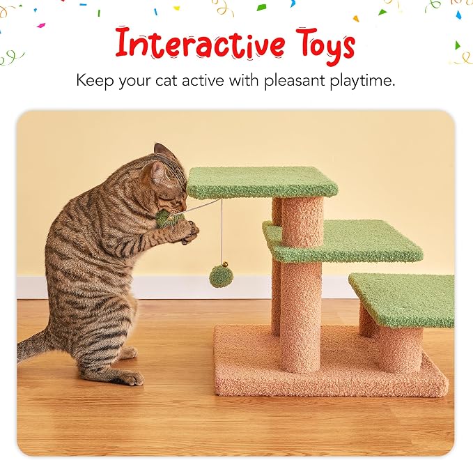 15''H Green Multi-Step Pet Stairs for High Beds & Sofas, 3-Step Cat Stairs with 2 Toy Balls, Wide Boards for Indoor Kittens Dogs Pets Climbing
