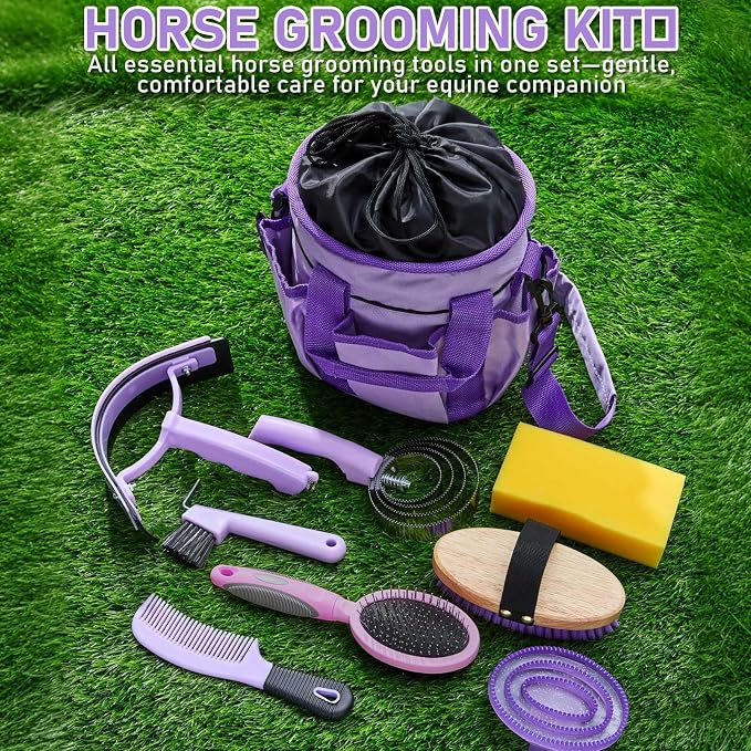 Cunhill 9 Pcs Horse Grooming Kit Tack Room Supplies Set with Tote Bag, Oval Massage Curry, Hard and Soft Brush, Hoof Pick, Sweat Scraper, Bathing Sponge, Comb for Horse Rider(Classic,Purple)