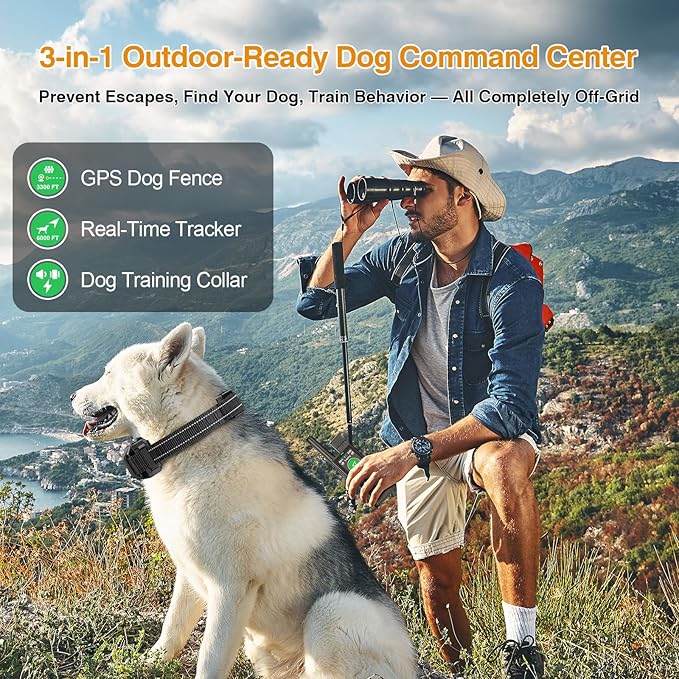 Completely Off-Grid 3-in-1 GPS Dog Fence with Real-Time Tracking: No Subscription, App-Free, Self-contained, Dual-GPS, Training Collar, Customizable Boundary with Four Progressive Alerts, Blue
