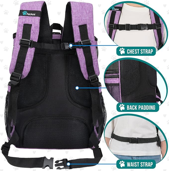 PetAmi Dog Backpack Carrier, Airline Approved 4-Way Entry Cat Backpack Carrier, Ventilated Mesh, Collapsible Pet Carrier for Small Puppy, Kitten, Hiking, Travel Car, Vet, up to 18 lbs, Purple