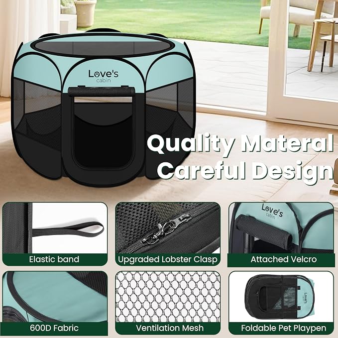 Love's cabin Pet Puppy Dog Playpen, Large Dog Tent Crates Cage Indoor/Outdoor, Portable Playpen for Cat, Foldable Pop Up Dog Kennel Playpen with Carring Case, Removable Zipper Top, Green