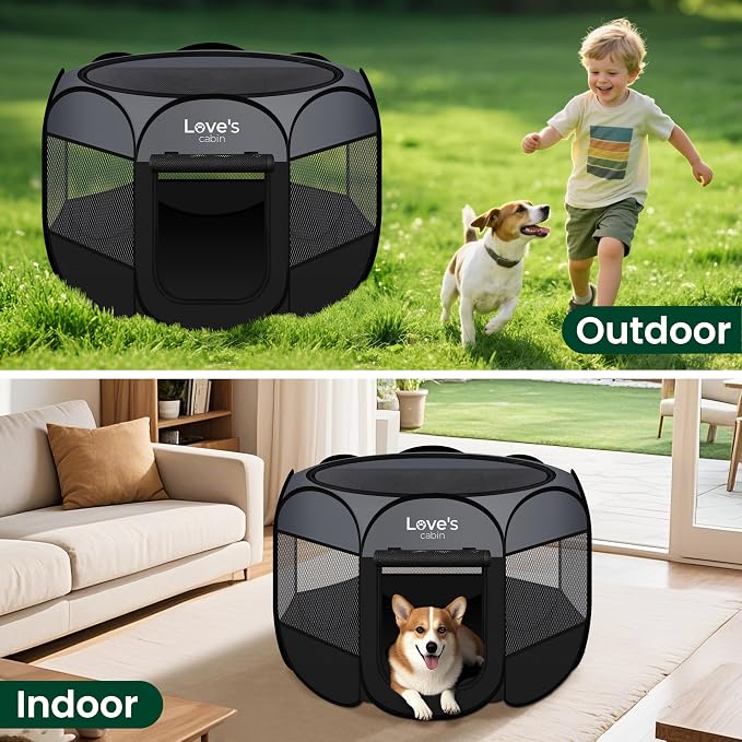 Love's cabin Pet Puppy Dog Playpen, Medium Dog Tent Crates Cage Indoor/Outdoor, Portable Playpen for Cat, Foldable Pop Up Dog Kennel Playpen with Carring Case, Removable Zipper Top, Dark Grey
