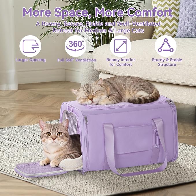 PETSFIT Large Cat Carrier with Patented Safety Buckles,Big Cats Up to 20 lb | Secure Carrier for Safe Driving, Lockable Zippers, Safety Tether, Travel Pet Carrier for Trips & Vet Visits, 19 x 12 x 12