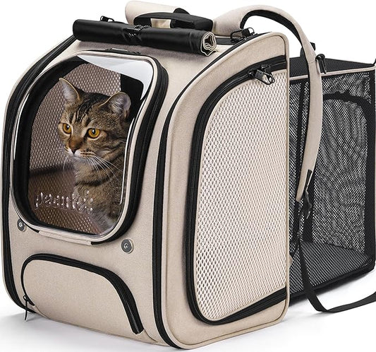 Pecute Cat Backpack Carrier,Large Space Cat Bubble Backpack,Ergonomic,Khaki | Expandable,Sunshade Curtain,Transparent Window,Safety Rope,Sturdy,Large Mesh on Both Sides for Breathability,for Outdoor,Vet