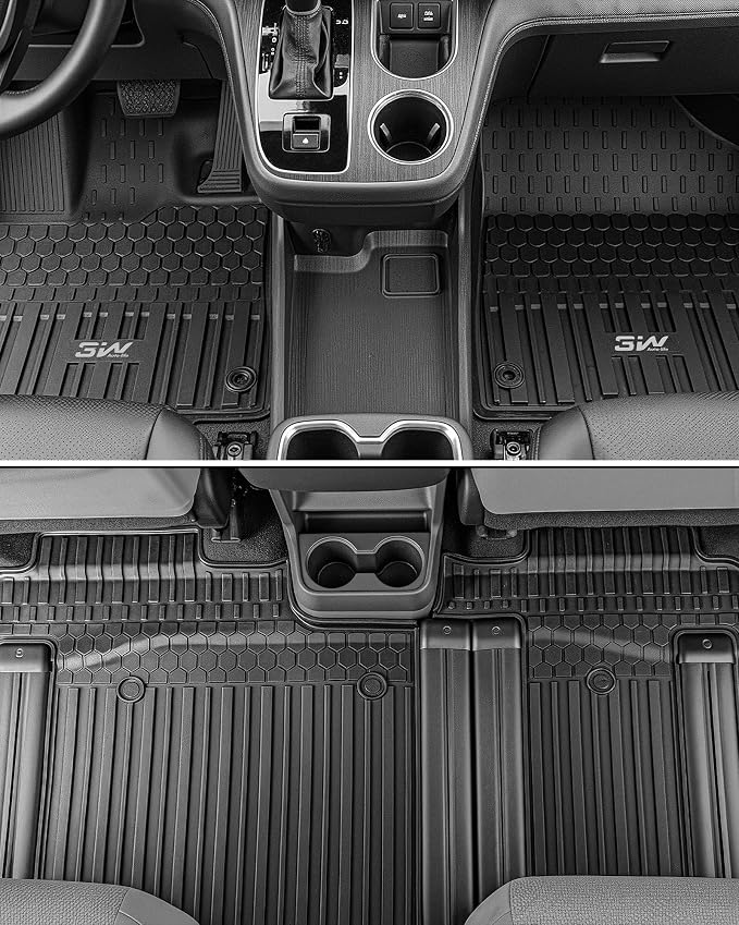 3W Floor Mats & Trunk Mat for Toyota Sienna 2021-2026 LE/XLE(Only for 8 Seat), TPE All Weather Custom Fit Floor Liner for Sienna 1st, 2nd and 3rd Row and Cargo Mat, Black