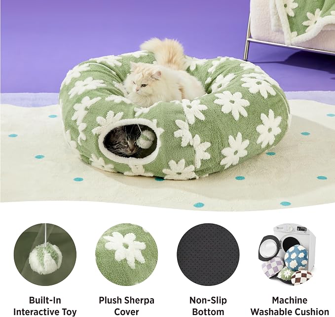 Lesure Donut Cute Jacquard Cat Tunnel Bed Kitten Toys for Puppy Bunny | 33.5x33.5x10in,Round Cat Bed Tube for Indoor Cats Rabbit Dog,Pet Peekaboo Cave Toy,Spiral Hideaway,Washable Cushion,Green