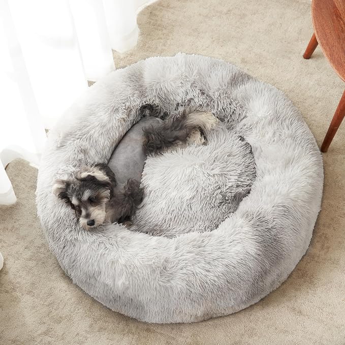 Western Home Calming Donut Small Medium Pet Dog Bed Washable,27" White Grey | Fluffy Faux Fur Round Cuddler,Anti-Anxiety,Anti-Slip Bottom,Plush Pet Dog Beds for Small Medium Sized Dogs,Up to 35 LBS