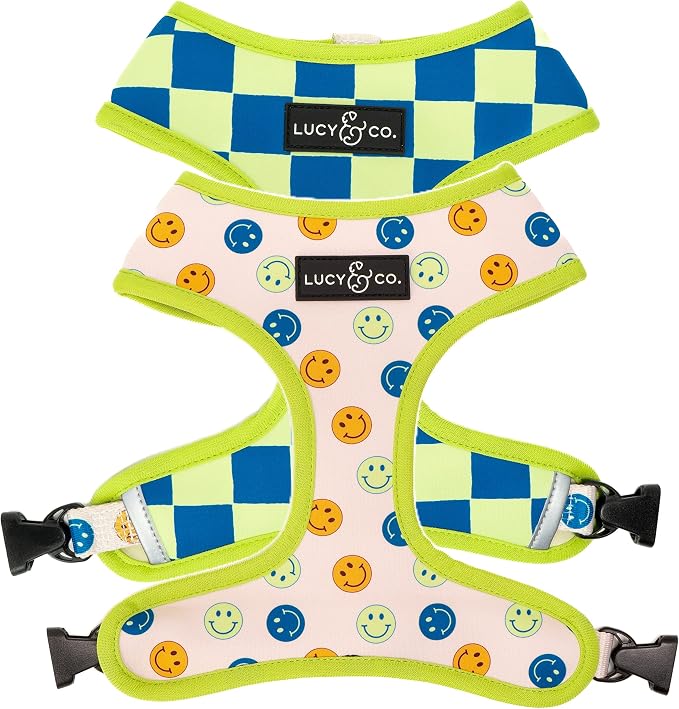 Lucy & Co. Reversible Dog Harness - Water-Repellent Neoprene, Dual-Print Design, Easy Swap Style, Adjustable Comfort Fit - Have a Nice Day Reversible Harness - X-Large