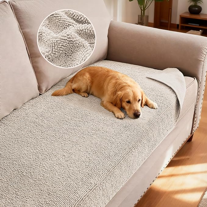 H.VERSAILTEX Non Slip Pet Couch Cover Chenille Dog Bed Protector Thick Soft Sofa Slipcover Pet Friendly Washable Couch Cushion Covers for Pets (30" x 53", Oatmeal)
