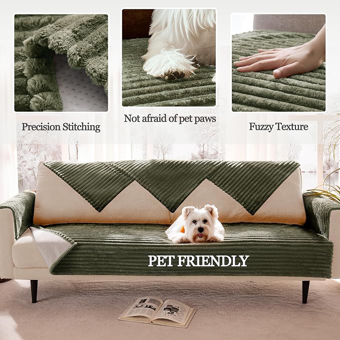 Dual Non-Slip Couch Cover for Dogs Waterproof, Fuzzy Soft Pet Couch Covers for Sofa 3 Cushion, Pet Friendly Soft Dog Bed Covers Sofa Cover Washable (Sage Green, 33" x 75" 1 Pack)