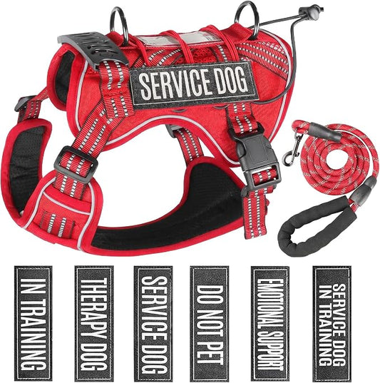 Service Dog Tactical Vest Harness and Leash Set Large Sized Dog Emotional Support- Tactical Dog Harness Training Collar with Name (Red, XL)