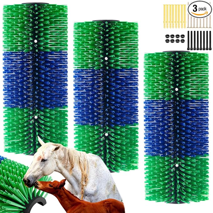 3 Pack Livestock Scratching Brush, Blue and Green | Animal Scratcher, Itch Relief Grooming, Horse Goat Cow Scratcher, Fence Post Mounting, Durable Bristles, Farm Livestock Care