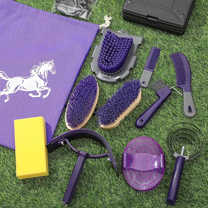 Abbylike 12 Pieces Horse Grooming Kit Racing Festival Tack Room Supplies Horse Brush Sets Equine Care Cleaning Kit Shedding Grooming Massaging Tools(Gray and Purple)