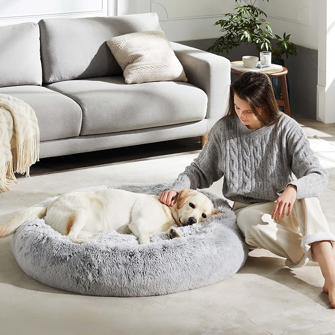 Western Home Calming Donut Large Dog Bed Pet Bed,36" Light Grey | Fluffy Faux Fur Round Cuddler,Anti-Anxiety,Anti-Slip Bottom,Plush Round Pet Dog Beds for Large Sized Dogs,Up to 80 LBS