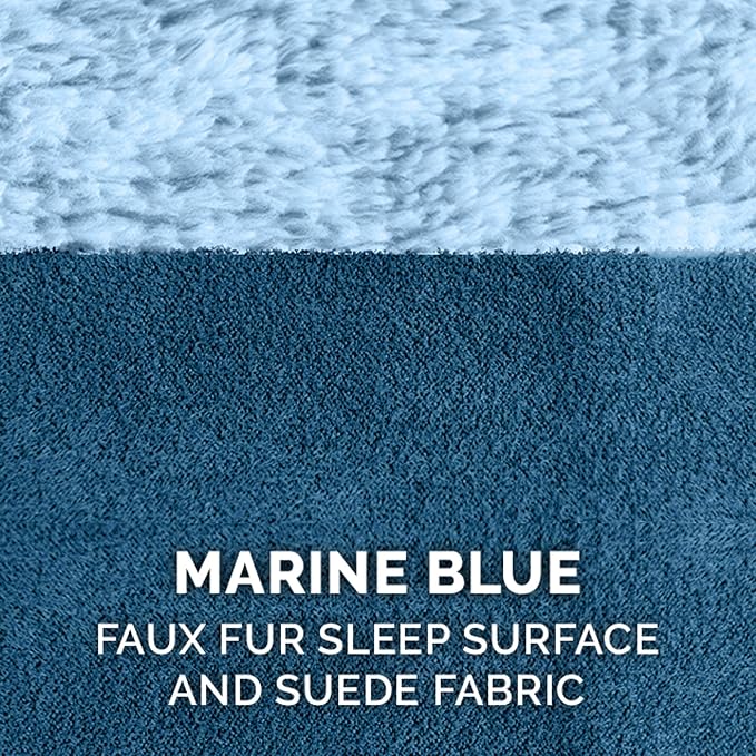 Furhaven Orthopedic Dog Bed for Large/Medium Dogs w/ Removable Bolsters & Washable Cover, For Dogs Up to 55 lbs - Two-Tone Plush Faux Fur & Suede L Shaped Chaise - Marine Blue, Large