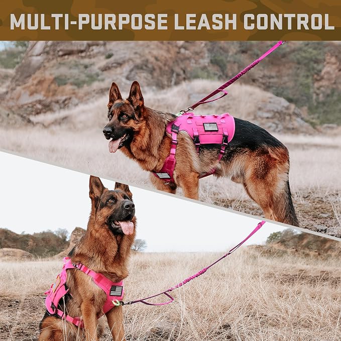Forestpaw Pink Tactical Dog Harness for Large Dogs,Tactical Dog Collar with Bungee Leash Set,No Pull Military Dog Harness for Walking Training,Adjustable for Medium Large Dogs,Chest 27-40"