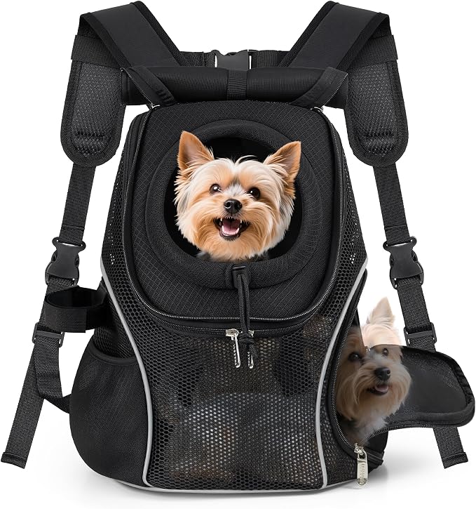 WOYYHO Pet Dog Carrier Backpack with Windows, Ventilated Small Dog Backpack | Breathable Top & Side Windows, Safety Belt, Storage Pockets, Small Dog Front Backpack, for Travel Hiking Outdoor, Black2.0, S