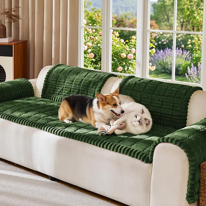 FUANGUI Waterproof Armrest Couch Cover for Dogs,27.6" x 27.12", Dark Green | Non-Slip Backrest Cover Recliner Chair Protector, Fuzz Soft Armchair Armrest Cover Washable Couch Covers Sofa Pet Friendly