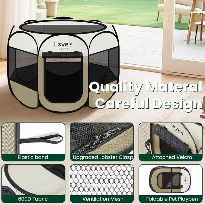 Love's cabin Pet Puppy Dog Playpen, Small Dog Tent Crates Cage Indoor/Outdoor, Portable Playpen for Cat, Foldable Pop Up Dog Kennel Playpen with Carring Case, Removable Zipper Top, Khaki