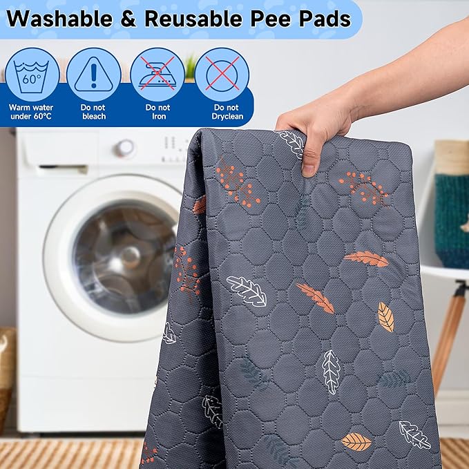 Sunheir Washable Pee Pads for Dogs 4-Pack Reusable Puppy Pads, Pet Cat Pads | Waterproof Dog Pee Pads for Crate, Thick Super Absorbent, Leak-Proof & Non-Slip, Whelping Pad (Leaves - Deep Grey, 18x24)