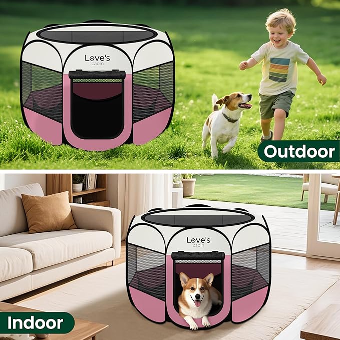 Love's cabin Pet Puppy Dog Playpen, Small Dog Tent Crates Cage Indoor/Outdoor, Portable Playpen for Cat, Foldable Pop Up Dog Kennel Playpen with Carring Case, Removable Zipper Top, Light Pink
