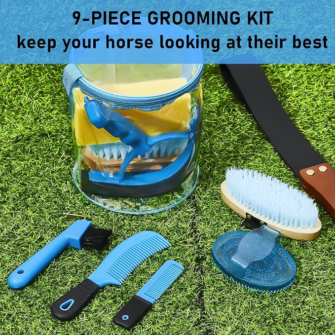 Cunhill 9 Pcs Horse Grooming Kit with Bag Curry Brushes,Cute,Blue | Complete Grooming Set for Horses, Hard Soft Brushes, Hoof Pick, Sweat Scraper, Sponge, Comb, Portable Tote for Stable