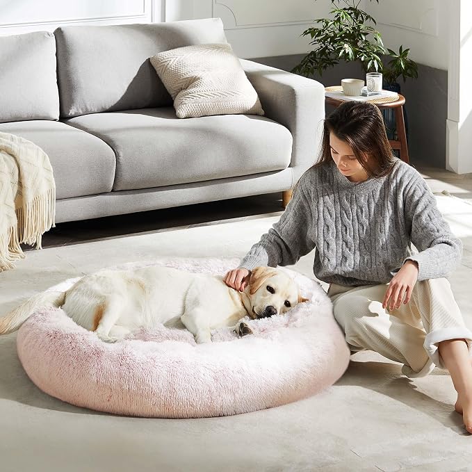 Western Home Calming Donut Large Dog Bed Pet Bed,36" Pink | Fluffy Faux Fur Round Cuddler,Anti-Anxiety,Anti-Slip Bottom,Plush Round Pet Dog Beds for Large Sized Dogs,Up to 80 LBS