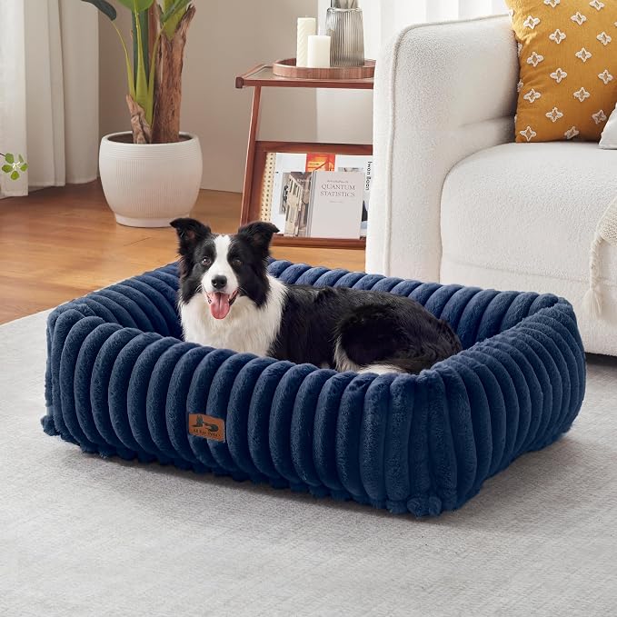 Dog Beds Large Sized Dog,Rectangle Orthopedic Pet Bed for Large Dog, Comfort Fluffy Memory Foam Dog Beds with Anti-Slip Bottom,35 x25 x9 Inches,Navy