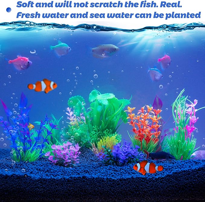 Ameliade Fish Tank Decorations Aquarium Artificial Plastic Grass Plants Decor Small Betta Goldfish Turtle Tank Accessories （11 Pieces）