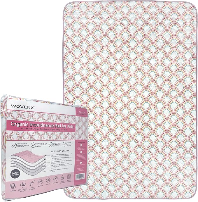 Organic Incontinence Pads for Kids & Toddlers - 5 Layer Waterproof Protectors for Overnight Bed Wetting - Reusable & Washable Pee Pads - Fits Twin to Full Size Beds - 34" x 52" Rainbow