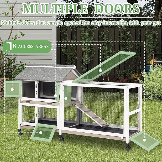 Gowoodhut 2-Story 60.6"L Rabbit Hutch Indoor and Outdoor with 6 Wheels,Wooden Rabbit Cage with 3 Pull Out Leak-Proof Trays for 2-4 Rabbits,Bunny Hutch with Asphalt Roof Bunny Cage with 6 Accesses,Grey